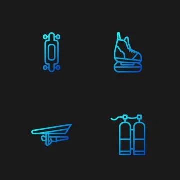 Set line Aqualung, Hang glider, Longboard or skateboard and Skates. Gradient Stock Illustration