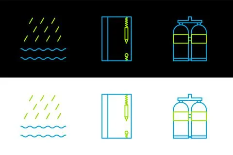 Set line Aqualung, Rain and waves and Underwater note book pencil icon. Vecto Stockillustratie