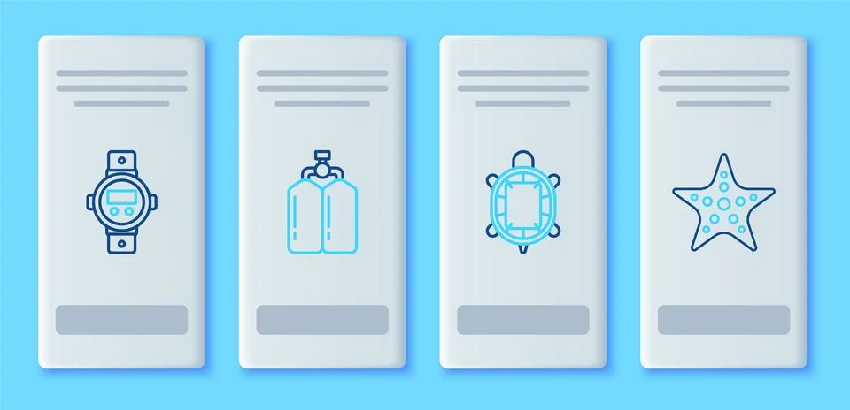Set line Aqualung, Turtle, Diving watch and Starfish icon. Vector Stock Illustration