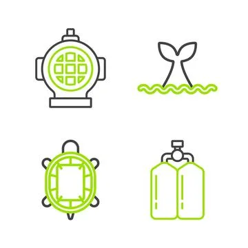 Set line Aqualung, Turtle, Whale tail in ocean wave and  icon. Vector Stock Illustration