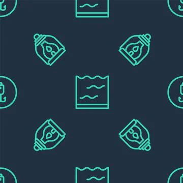Set line Aquarium, Camping lantern and Fishing hook on seamless pattern. Vector Stock Illustration