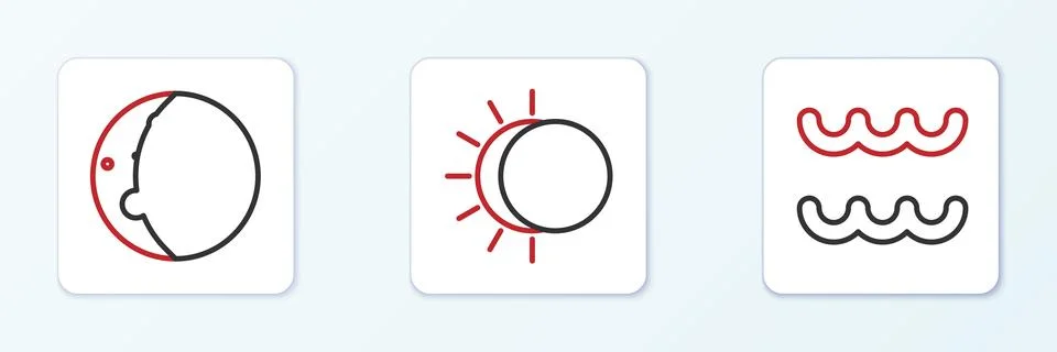 Set line Aquarius zodiac, Eclipse of the sun and  icon. Vector Stock Illustration