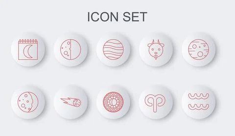 Set line Aquarius zodiac, Eclipse of the sun, Planet Jupiter, Aries, Moon p.. Illustrazione stock