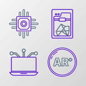 Set line Ar, augmented reality, Laptop, 3D printer and Processor icon. Vector Stock Illustration