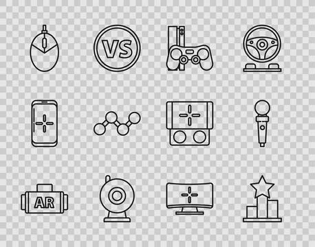 Set line Ar, augmented reality, Star, Game console with joystick, Web camera Illustrazione stock