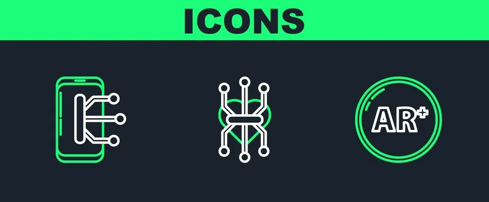 Set line Ar, augmented reality, Smartphone, mobile phone and Processor icon Stock Illustration