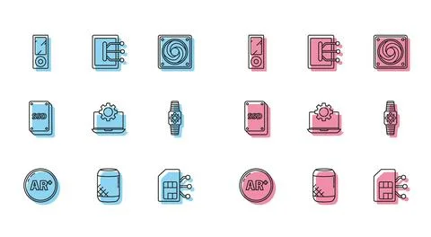 Set line Ar, augmented reality, Voice assistant, Music player, Sim card, La.. Stock Illustration