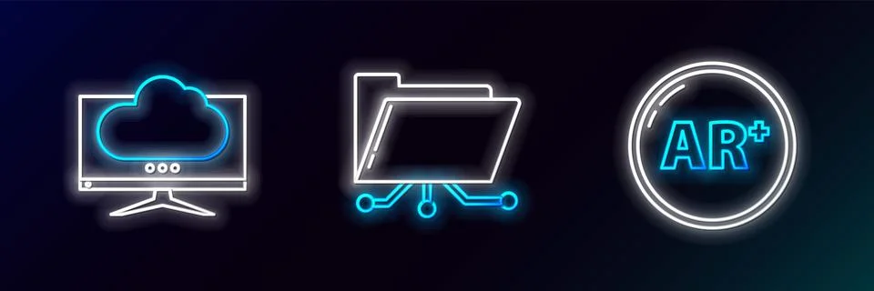 Set line Ar, augmented reality, Computer monitor screen and Folder and lock.. Stock Illustration