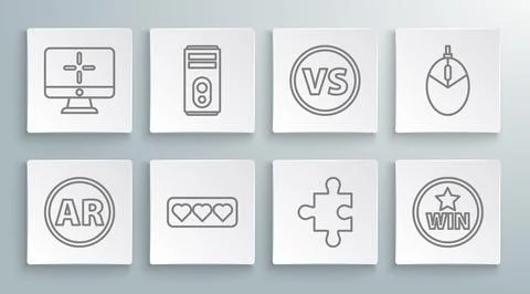 Set line Ar, augmented reality, Computer, Like and heart, Piece of puzzle, .. Stock Illustration