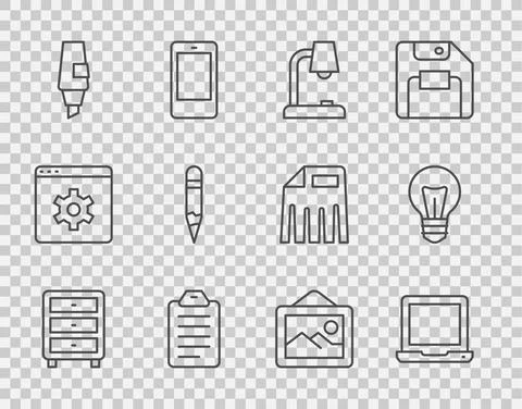 Set line Archive papers drawer, Laptop, Table lamp, To do list or planning Stock Illustration