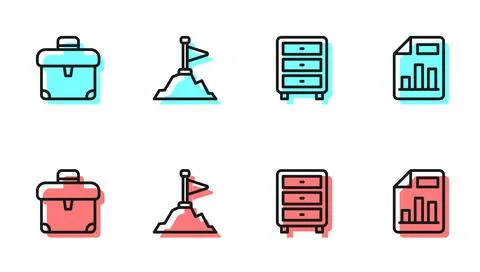 Set line Archive papers drawer, Briefcase, Mountains with flag on top and Doc Stock Illustration