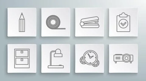 Set line Archive papers drawer, Scotch, Table lamp, Time Management, Presenta 스톡 일러스트