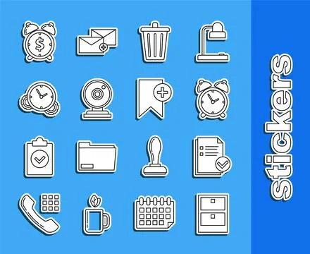Set line Archive papers drawer, Document and check mark, Alarm clock, Trash c イラスト素材