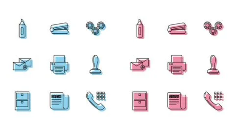 Set line Archive papers drawer, News, Marker pen, Telephone handset, Printer 스톡 일러스트