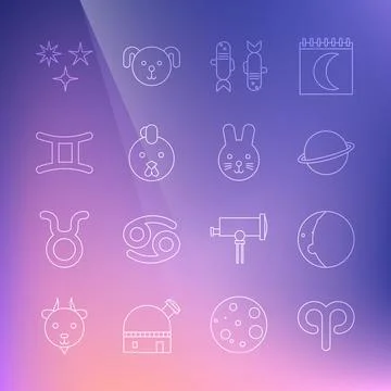 Set line Aries zodiac, Eclipse of the sun, Planet Saturn, Pisces, Rooster イラスト素材
