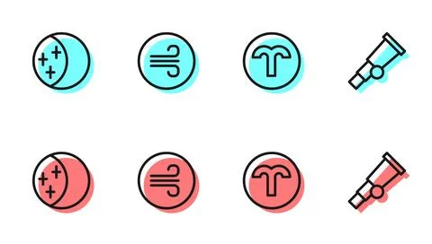 Set line Aries zodiac Eclipse of the sun Windy weather and Telescope icon. Ve イラスト素材