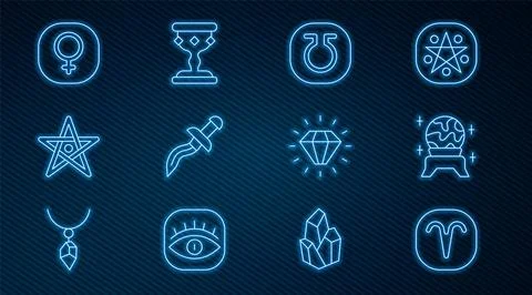 Set line Aries zodiac, Magic ball, Life, Dagger, Pentagram, Venus, Diamond .. Stock Illustration