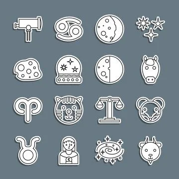 Set line Aries zodiac, Rat, Horse, Eclipse of the sun, Magic ball, Asteroid 스톡 일러스트