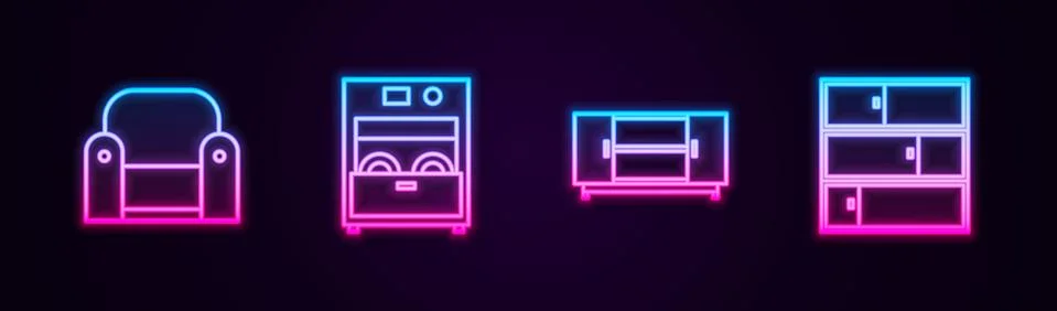 Set line Armchair, Kitchen dishwasher machine, TV table stand and Shelf. Glowing Stock Illustration