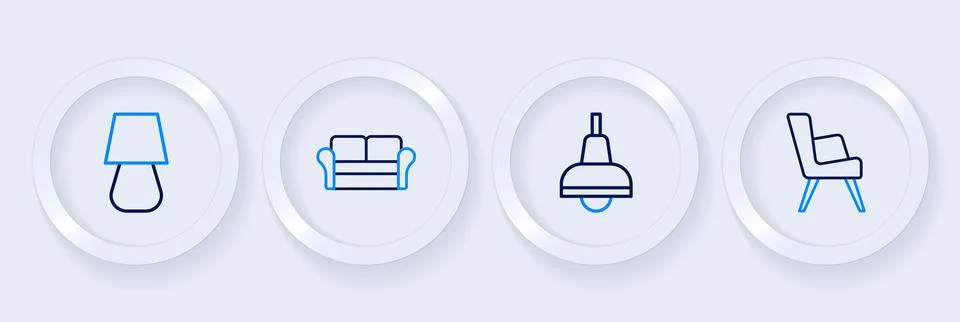 Set line Armchair, Lamp hanging, Sofa and Table lamp icon. Vector Stock Illustration