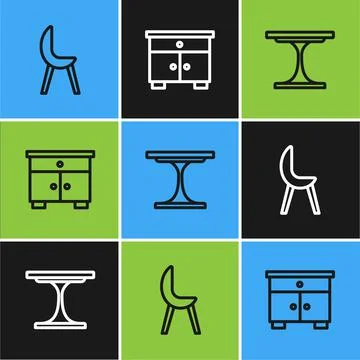 Set line Armchair, Round table and Furniture nightstand icon. Vector Stock Illustration