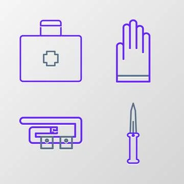 Set line Army knife, Diving belt, Gloves and First aid kit icon. Vector Stock Illustration