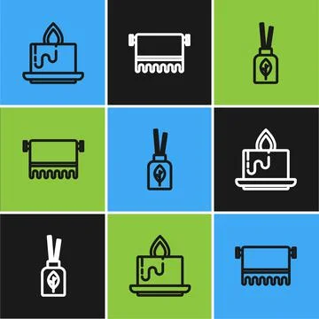 Set line Aroma candle, diffuser and Towel on hanger icon. Vector Stock Illustration