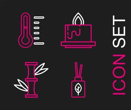 Set line Aroma diffuser, Bamboo, candle and Sauna thermometer icon. Vector Stock Illustration