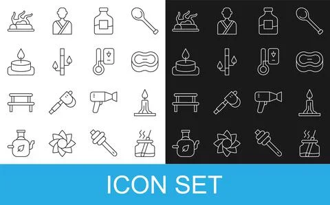 Set line Aroma diffuser, Burning candle, Bar of soap, Bottle vodka, Bamboo Stock Illustration