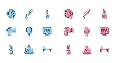 Set line Aroma diffuser, candle, Sauna thermometer, Massage table, broom, Spa Stockillustratie