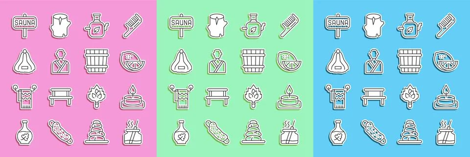 Set line Aroma diffuser, candle, Lemon, Teapot with leaf, Man in the sauna, S Stockillustratie