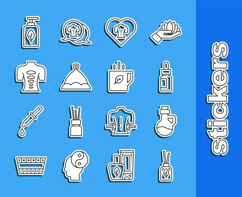 Set line Aroma diffuser, Essential oil bottle, Massage, Sauna hat, stone therapy Stock Illustration