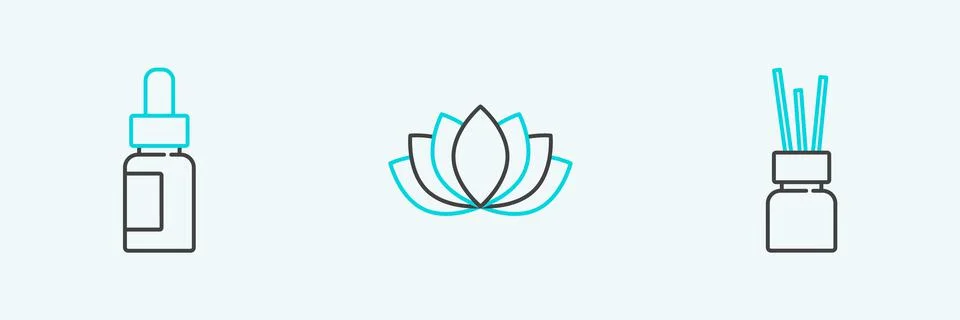 Set line Aroma diffuser, Essential oil bottle and Lotus flower icon. Vector Stock Illustration
