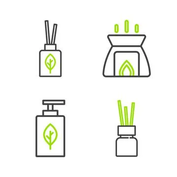 Set line Aroma diffuser, Essential oil bottle, candle and  icon. Vector Stock Illustration