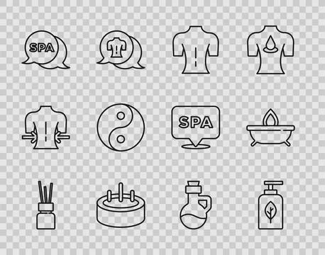 Set line Aroma diffuser, Essential oil bottle, Massage, Swimming pool with Stock Illustration