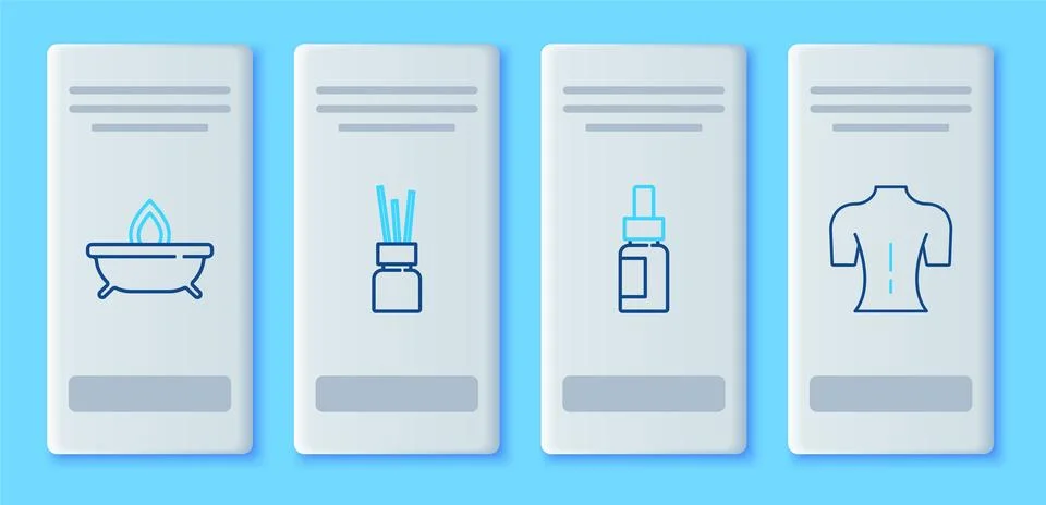 Set line Aroma diffuser, Essential oil bottle, candle and Massage icon. Vecto Illustrazione stock