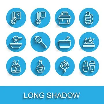 Set line Aroma diffuser, Essential oil bottle, Sauna thermometer, broom, sl.. Stock Illustration