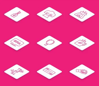 Set line Aroma diffuser, Massage, candle, Spa salon, Sauna broom, Cup of tea  Stock Illustration