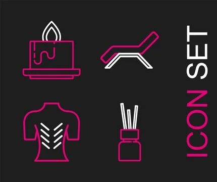 Set line Aroma diffuser, Massage, Sunbed and umbrella and candle icon. Vector Stock Illustration