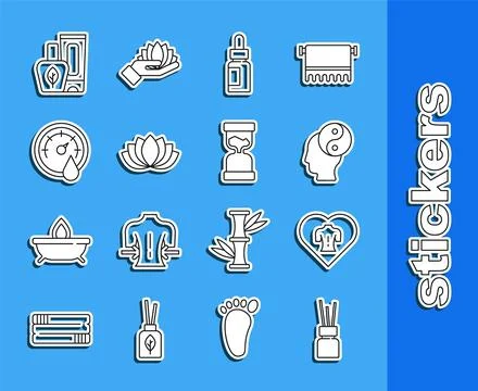 Set line Aroma diffuser, Massage, Yin Yang, Essential oil bottle, Lotus flower Illustrazione stock