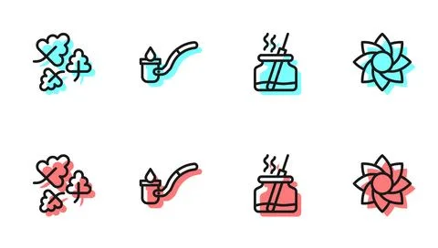 Set line Aroma diffuser, Oak leaf, Sauna ladle and Flower icon. Vector Stockillustratie