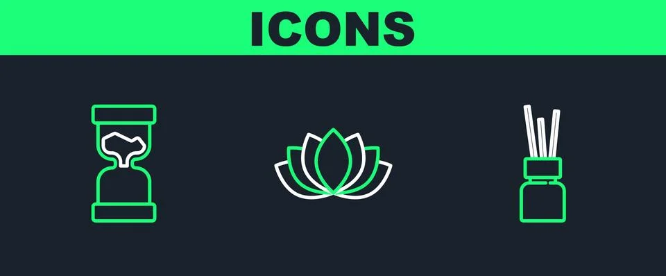 Set line Aroma diffuser, Old hourglass and Lotus flower icon. Vector Stock Illustration