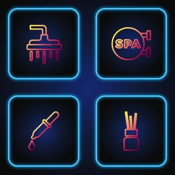 Set line Aroma diffuser, Pipette, Shower head and Spa salon. Gradient color Illustrazione stock