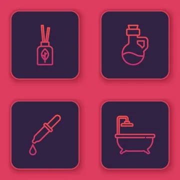 Set line Aroma diffuser, Pipette, Essential oil bottle and Bathtub. Blue square Illustrazione stock