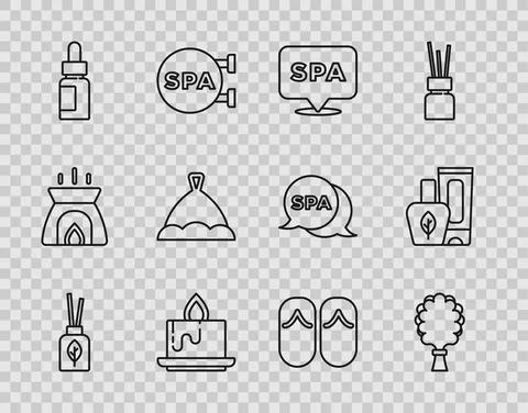 Set line Aroma diffuser, Sauna broom, Spa salon, candle, Essential oil bottle Stock Illustration