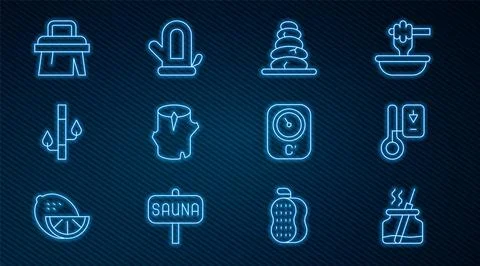 Set line Aroma diffuser, Sauna thermometer, Stack hot stones, Wooden log, Bamboo Illustrazione stock