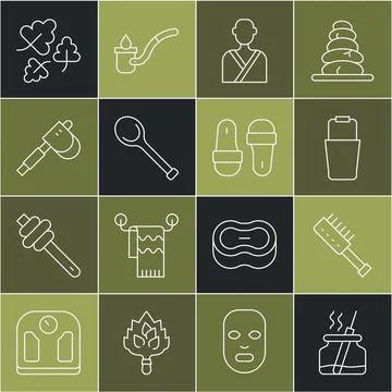 Set line Aroma diffuser, Sauna brush, bucket, Man in the sauna, ladle, Wooden Illustrazione stock