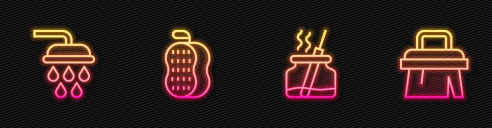 Set line Aroma diffuser, Shower, Washcloth and Sauna brush. Glowing neon ic.. Illustrazione stock