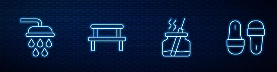 Set line Aroma diffuser, Shower, Sauna wood bench and slippers. Glowing neo.. Stockillustratie