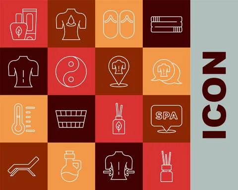 Set line Aroma diffuser, Spa salon, Massage, Flip flops, Yin Yang, Ointment Illustrazione stock